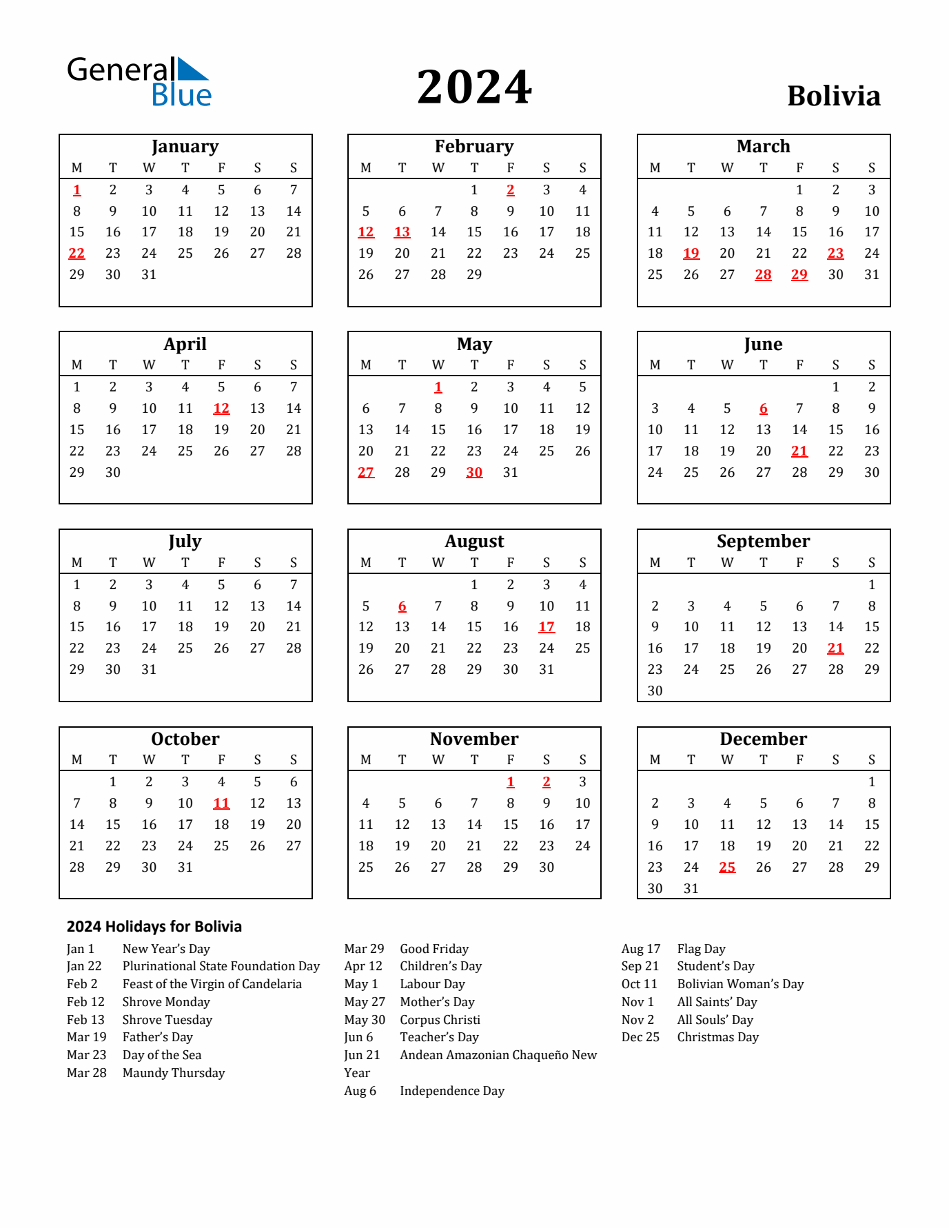 2024 Bolivia Holiday Calendar - Monday Start