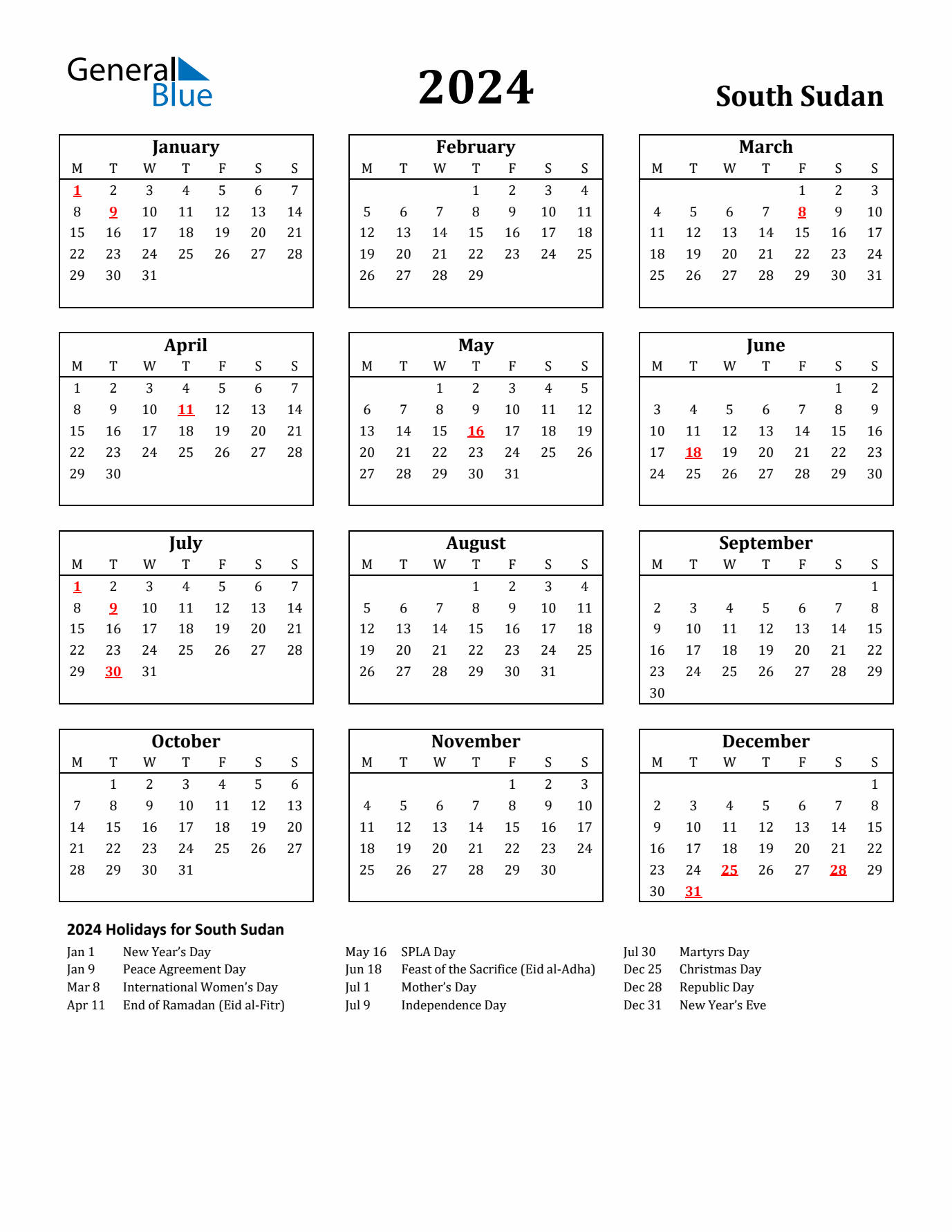 2024 South Sudan Holiday Calendar - Monday Start