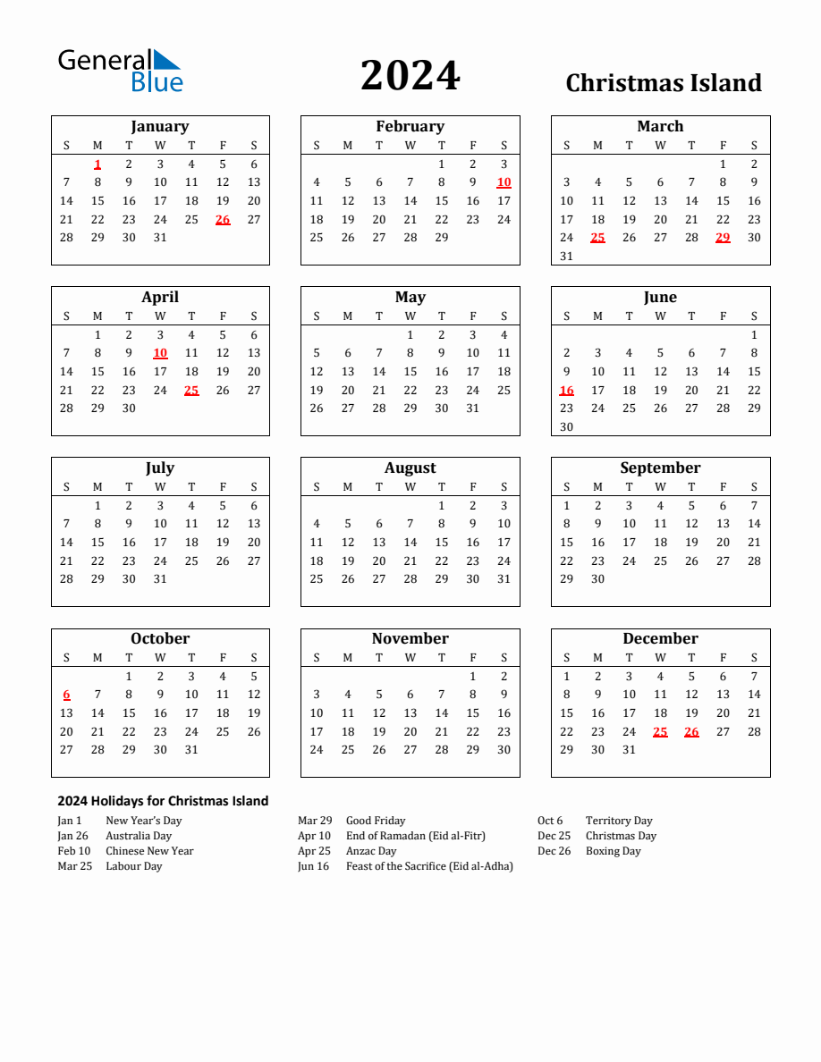 Free Printable 2024 Christmas Island Holiday Calendar
