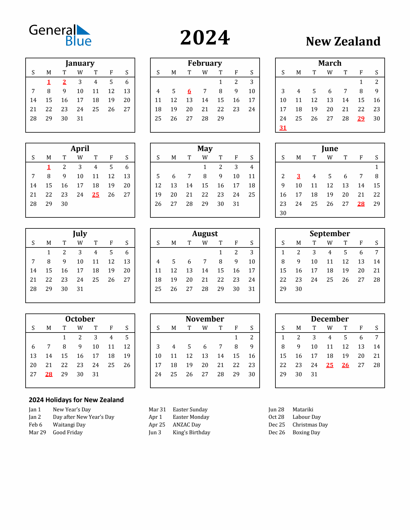 2024 New Zealand Holiday Calendar - Sunday Start