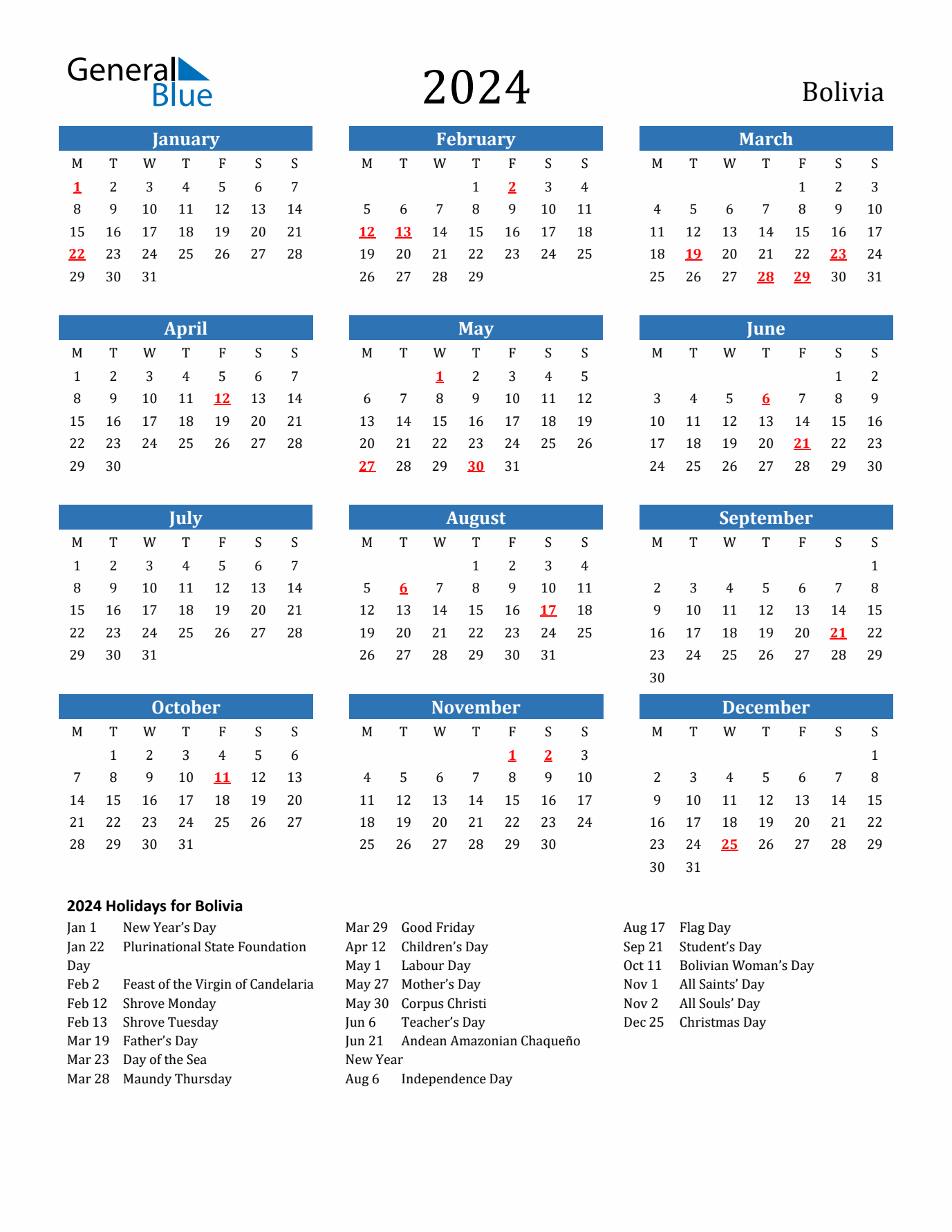 Bolivia 2024 Calendar with Holidays