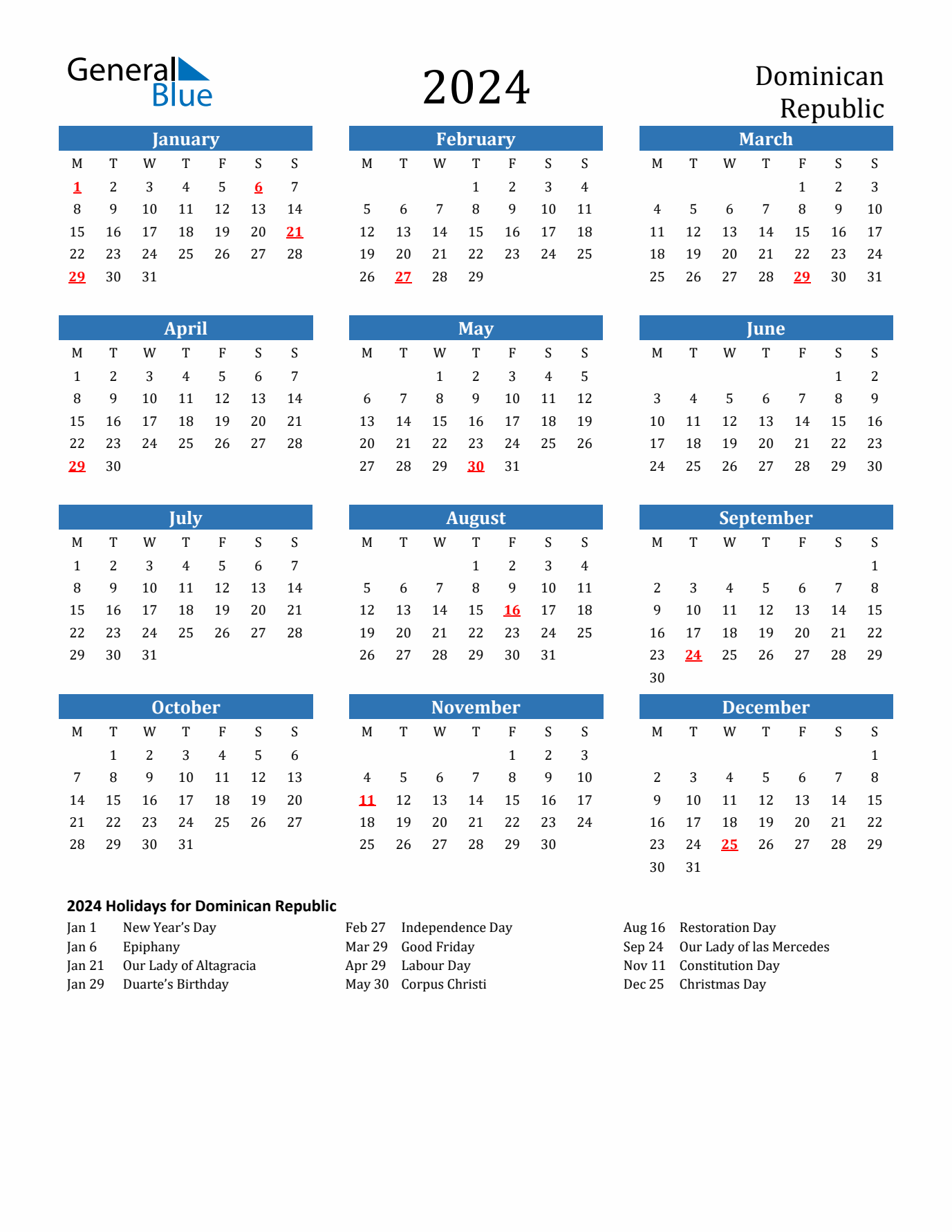 Dominican Republic 2024 Calendar with Holidays