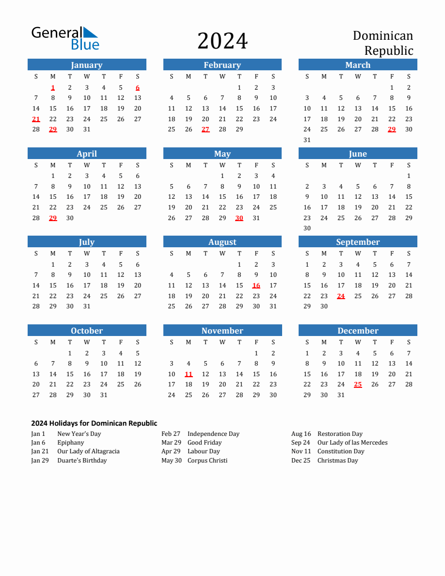 Dominican Republic 2024 Calendar with Holidays