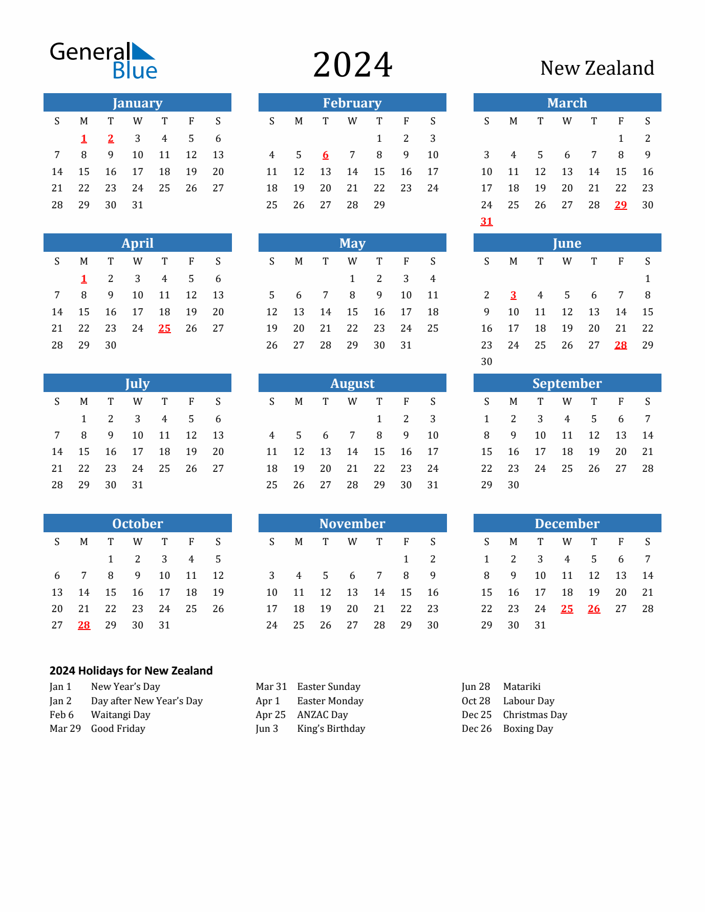New Zealand 2024 Calendar with Holidays