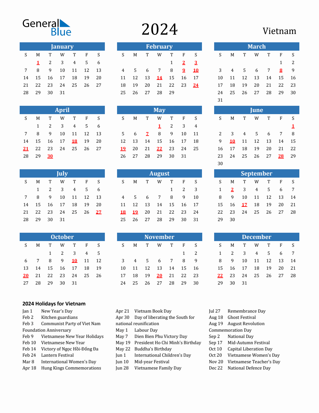 2024 Vietnam Calendar with Holidays