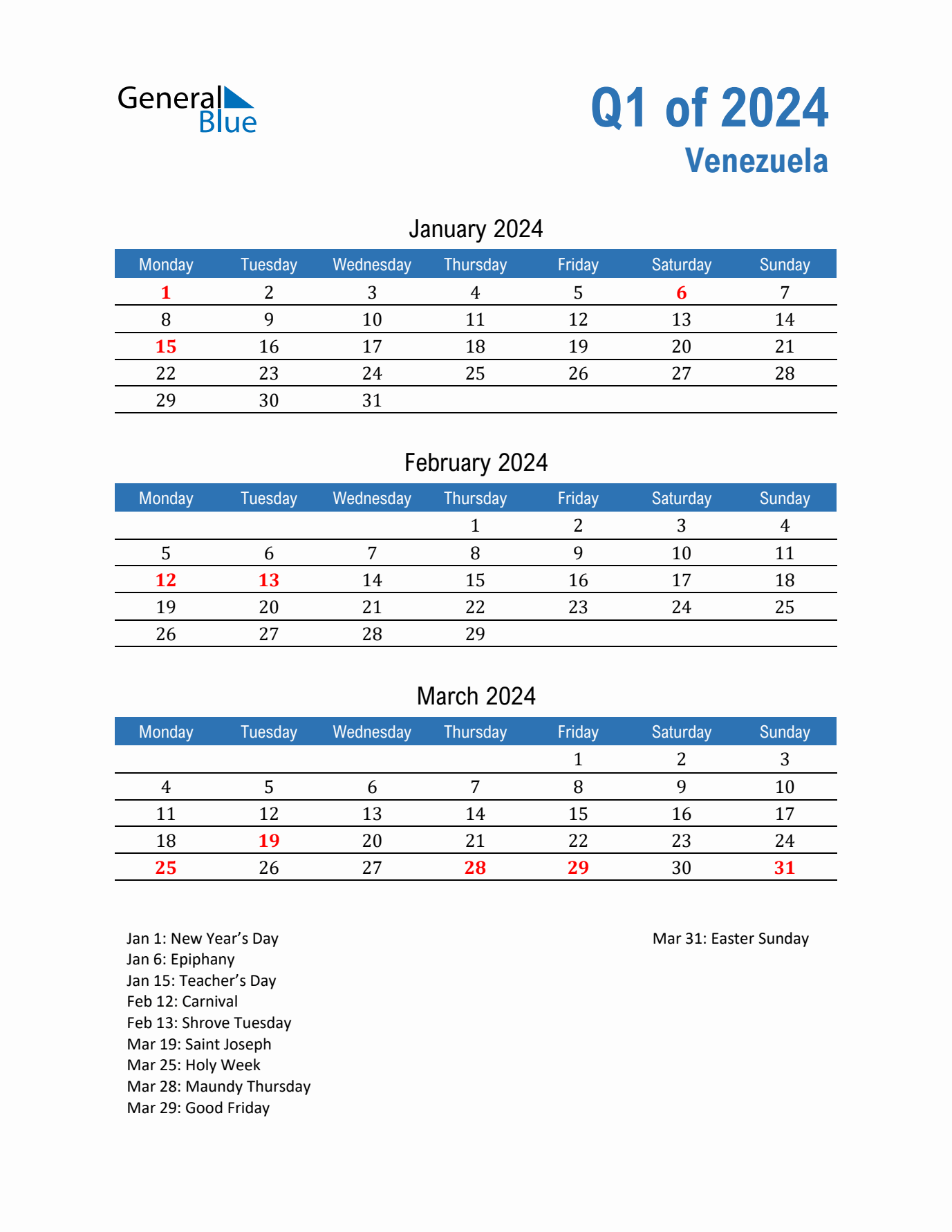 Venezuela Q1 2024 Quarterly Calendar with Monday Start