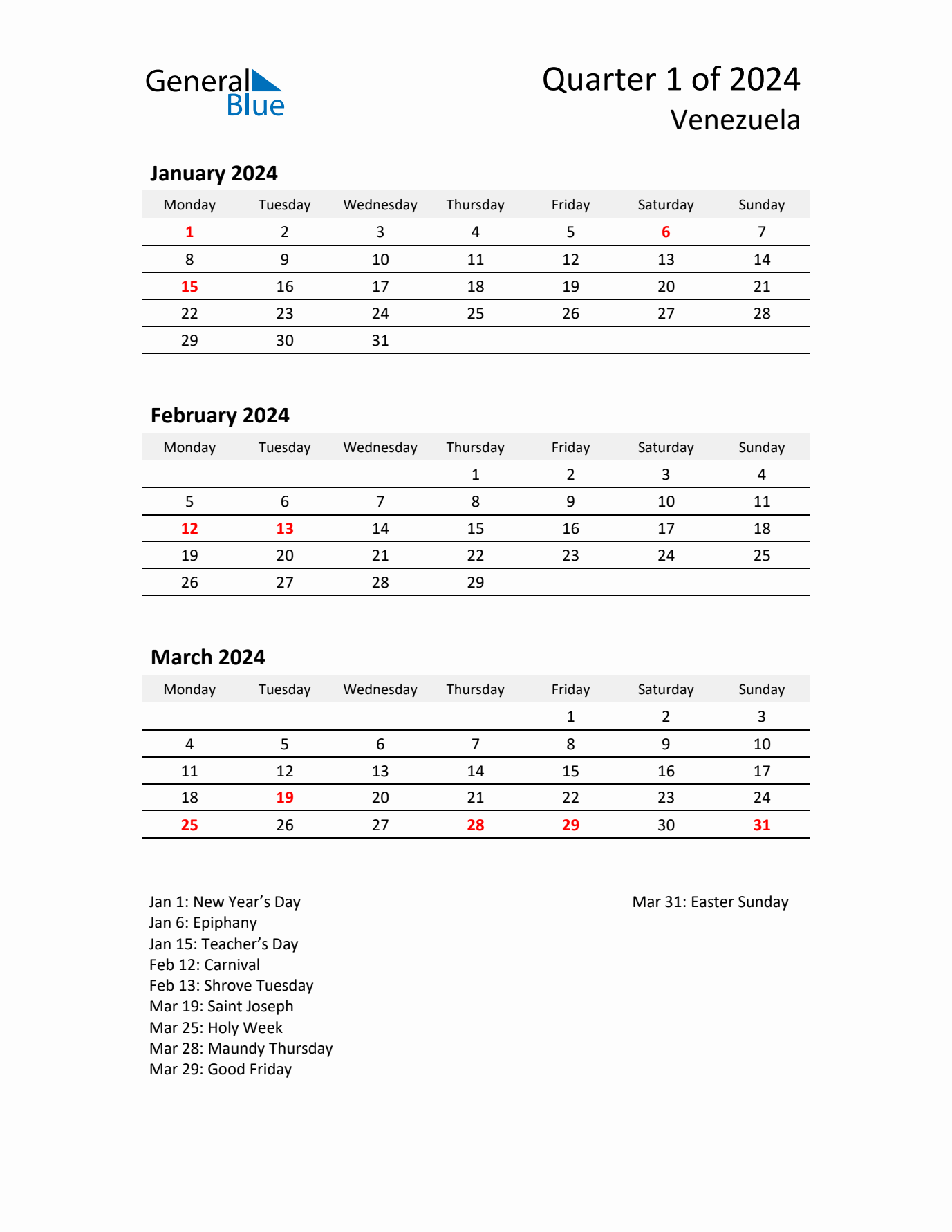 2024 Q1 Three-Month Calendar for Venezuela