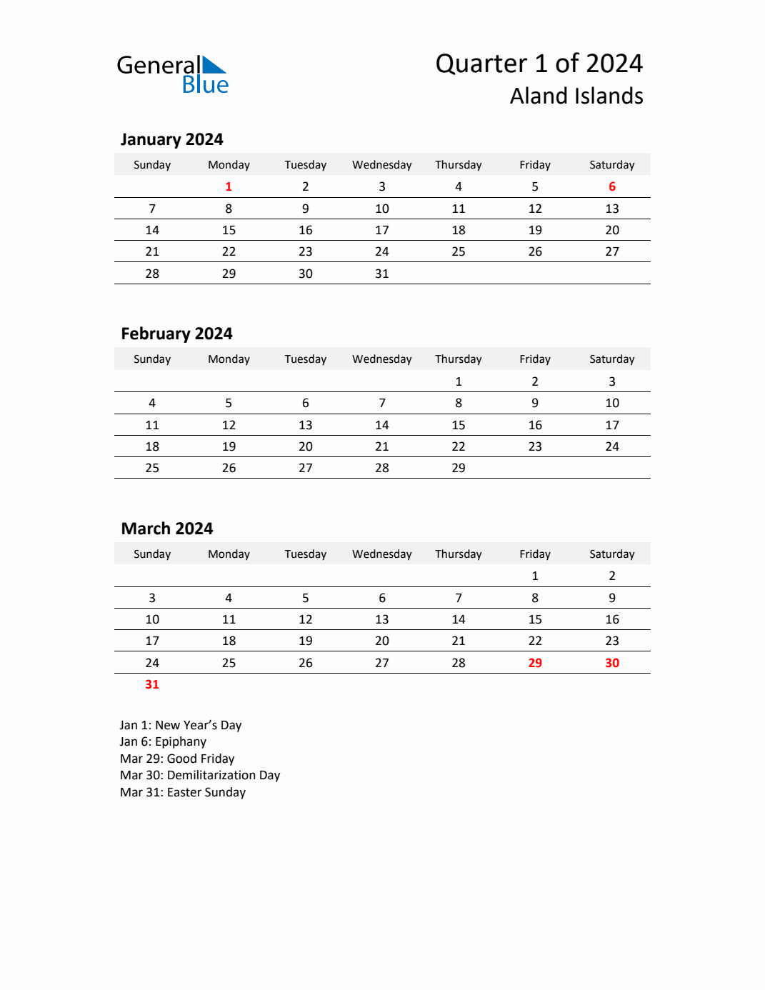 Q1 2024 Quarterly Calendar with Aland Islands Holidays (PDF, Excel, Word)