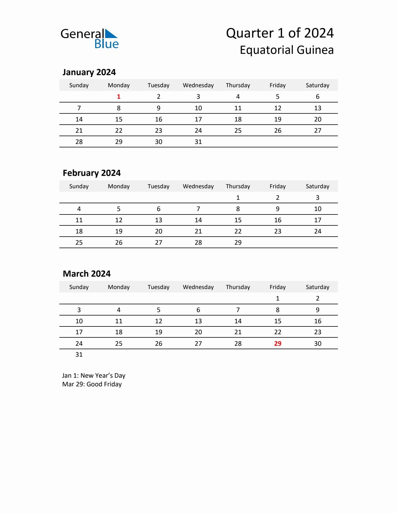 2024 Q1 Three-Month Calendar for Equatorial Guinea