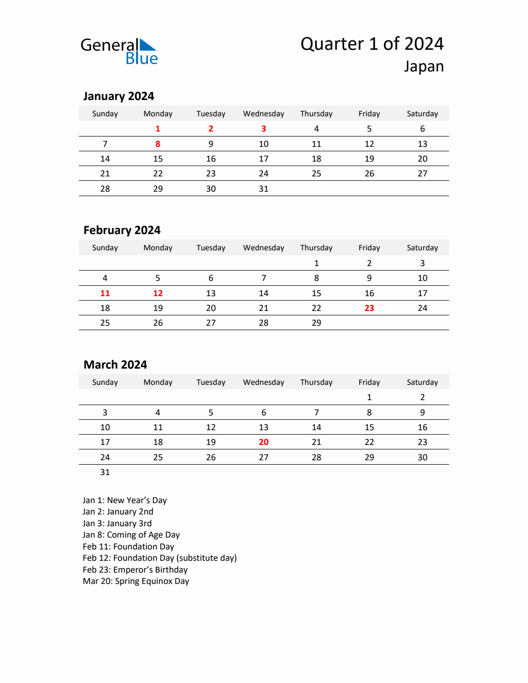 Q1 2024 Quarterly Calendar with Japan Holidays (PDF, Excel