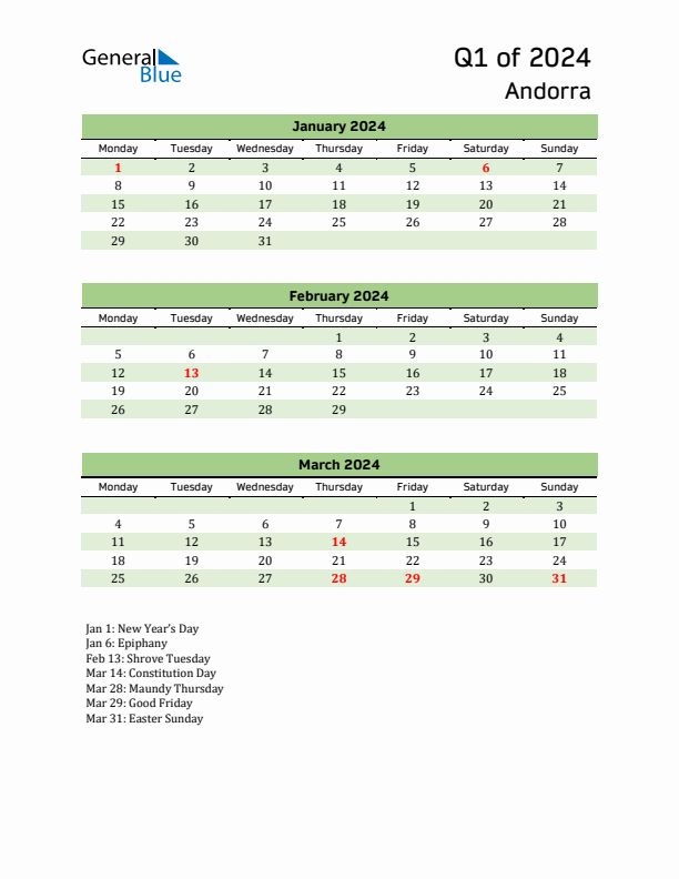 Quarterly Calendar 2024 with Andorra Holidays