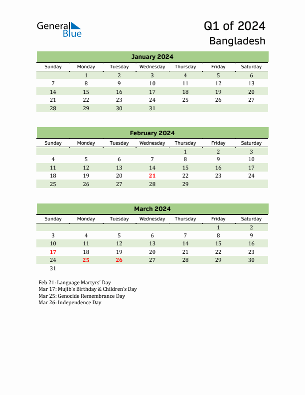 Quarterly Calendar 2024 with Bangladesh Holidays