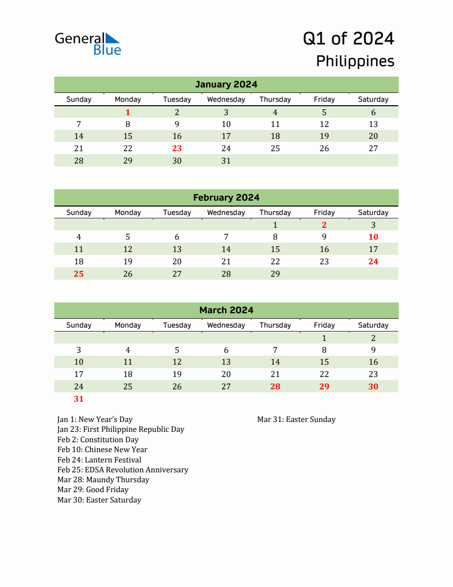 Quarterly Calendar with Philippines Holidays (Q1 of 2024)