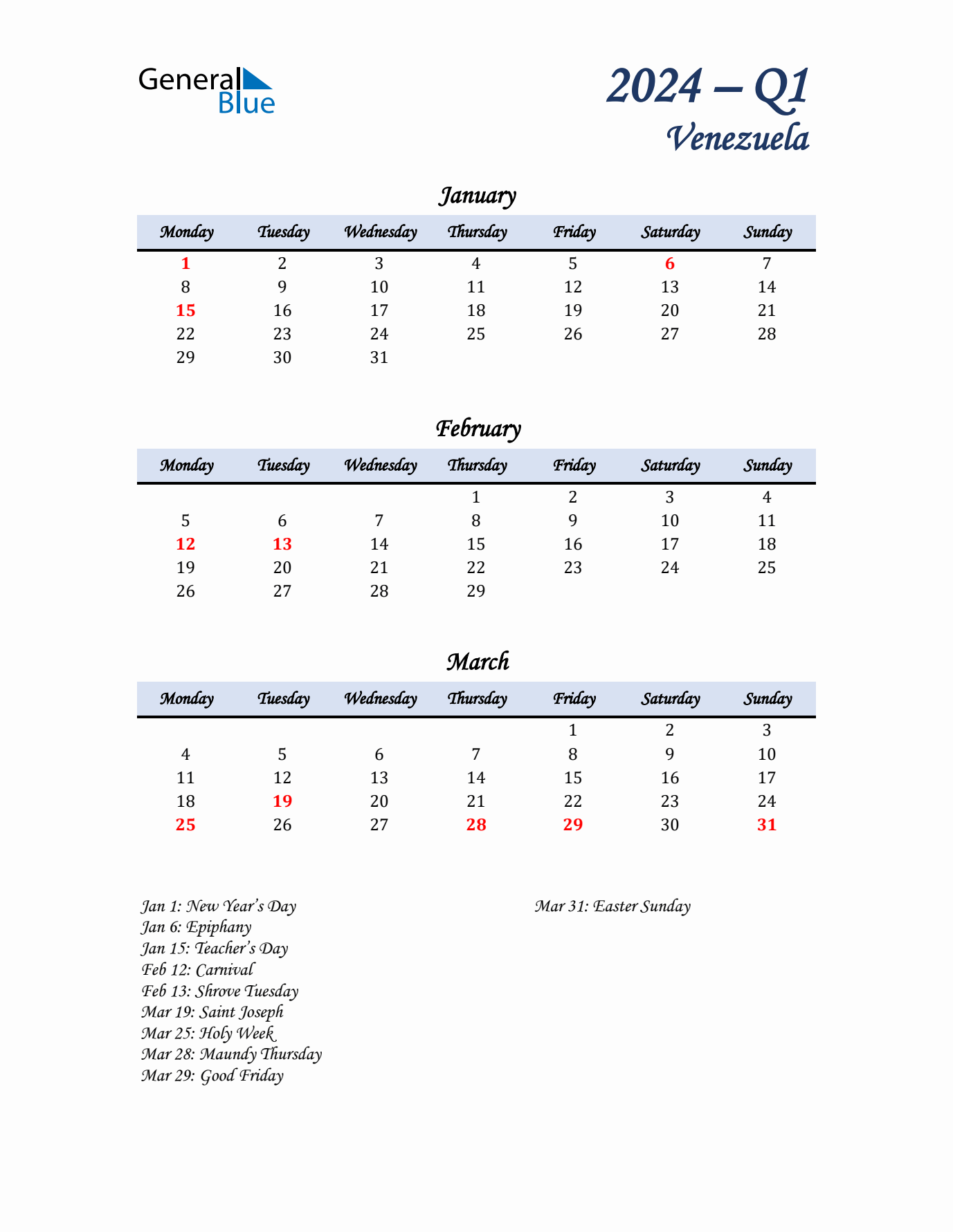 January, February, and March Calendar for Venezuela with Monday Start
