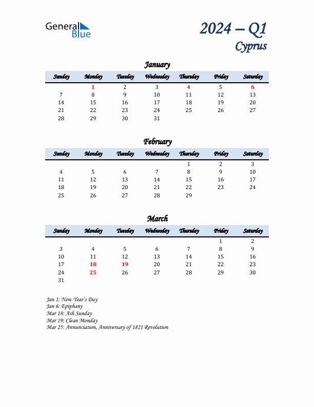 January, February, and March Calendar for Cyprus with Sunday Start