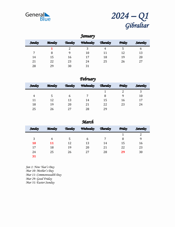 January, February, and March Calendar for Gibraltar with Sunday Start