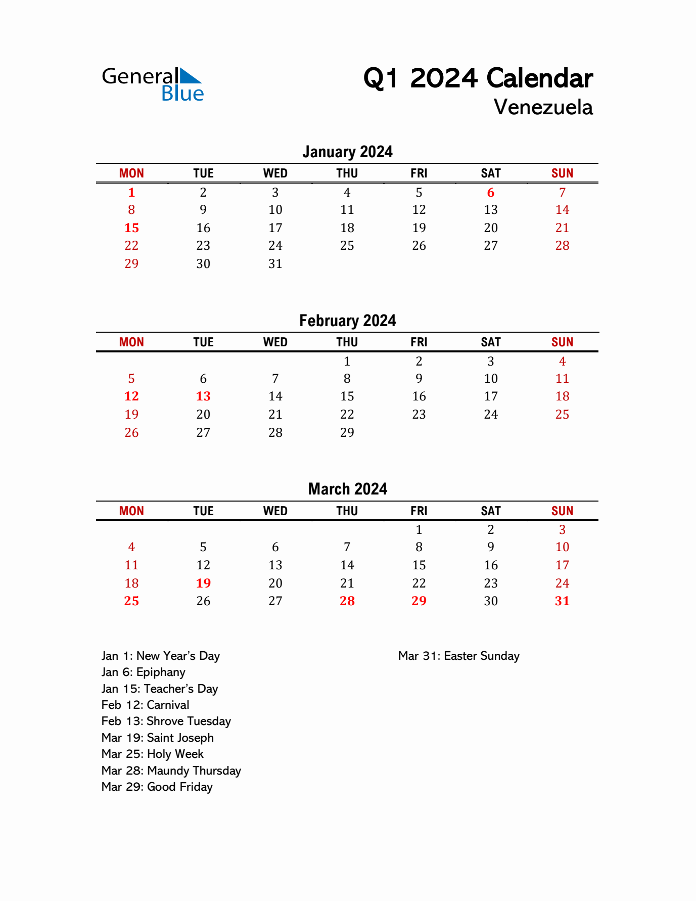 2024 Q1 Calendar with Holidays List for Venezuela