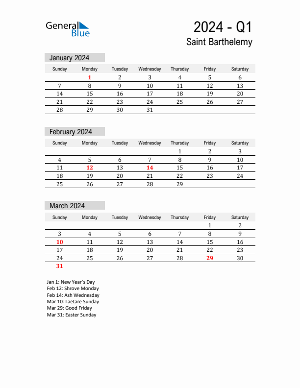 Saint Barthelemy Quarter 1 2024 Calendar with Holidays