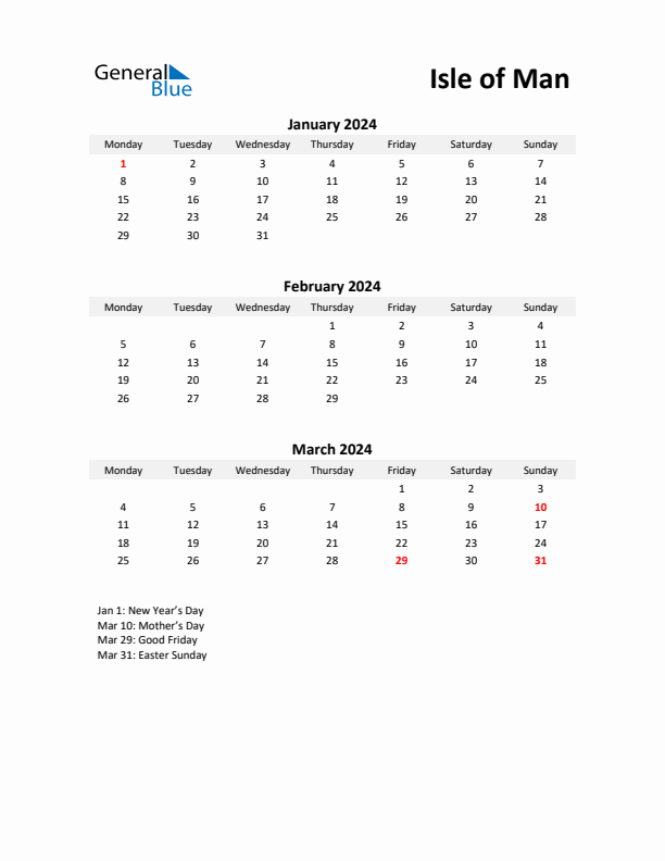 Printable Quarterly Calendar with Notes and Isle of Man Holidays- Q1 of 2024