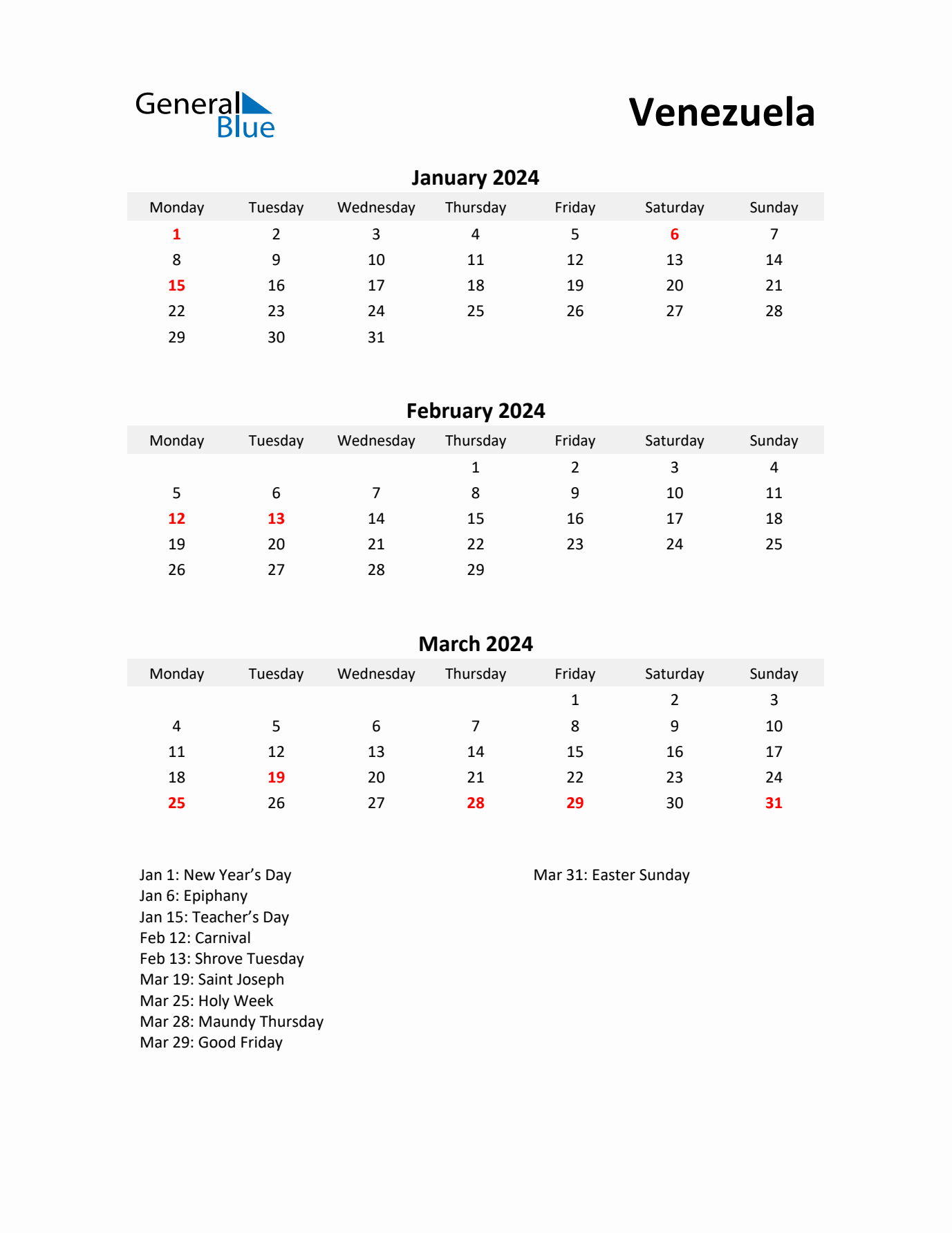 Printable Quarterly Calendar with Notes and Venezuela Holidays- Q1 of 2024