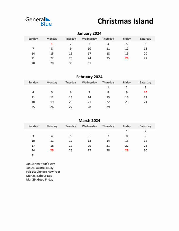 Printable Quarterly Calendar with Notes and Christmas Island Holidays- Q1 of 2024