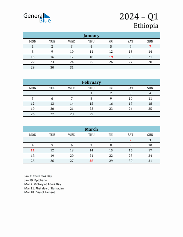 Three-Month Planner for Q1 2024 with Holidays - Ethiopia