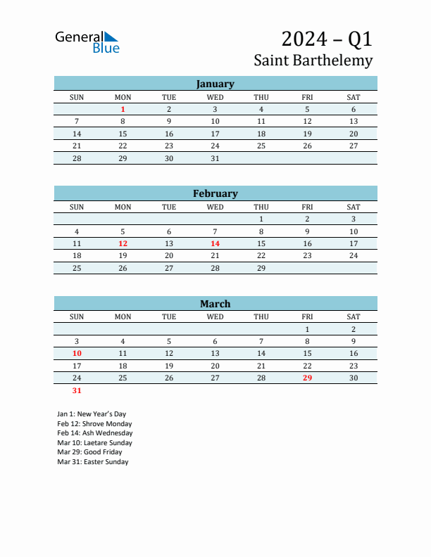 Three-Month Planner for Q1 2024 with Holidays - Saint Barthelemy