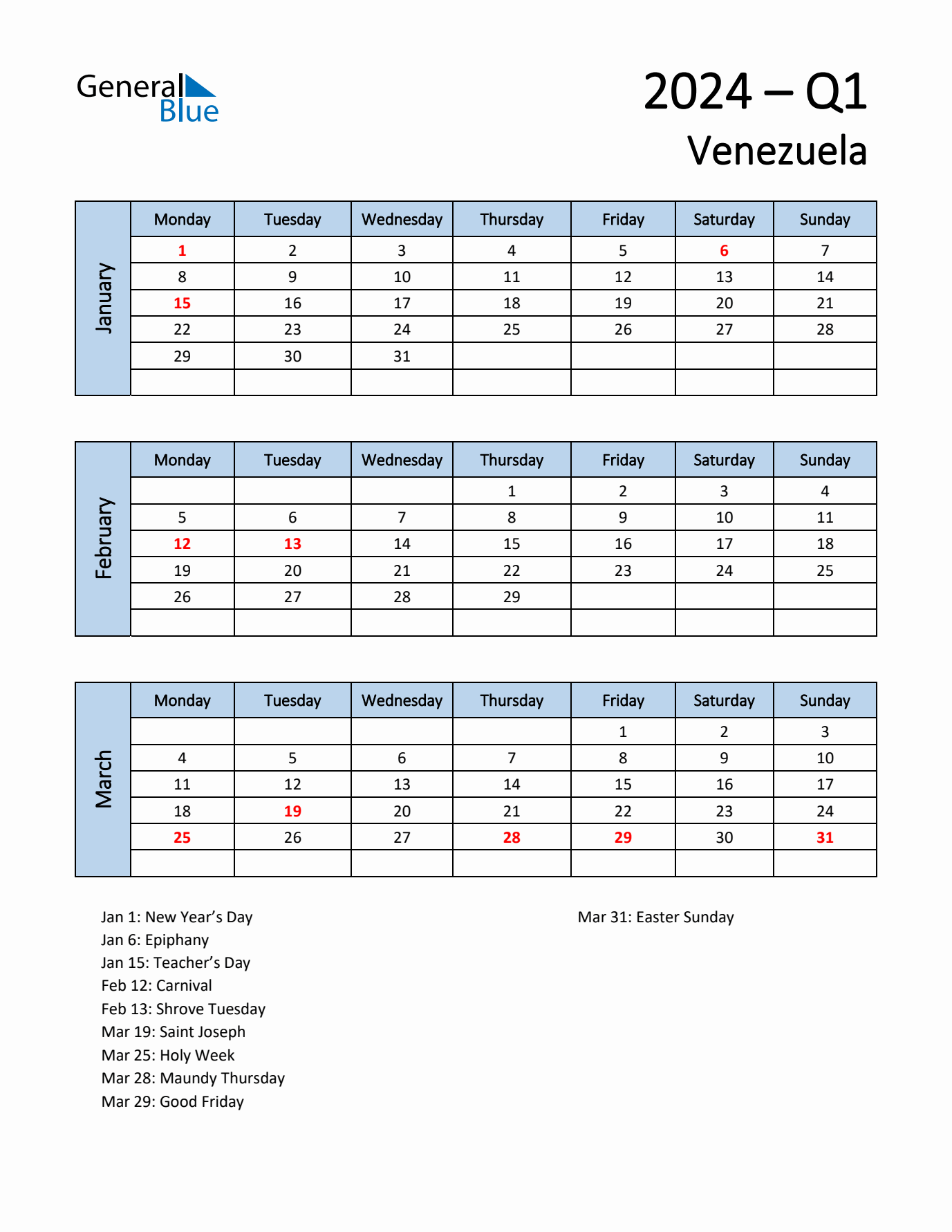 Free Q1 2024 Calendar for Venezuela - Monday Start