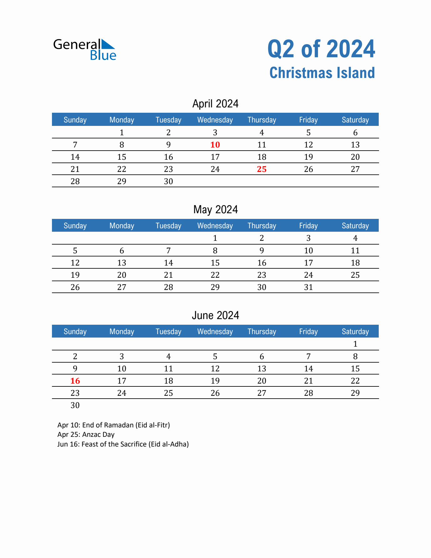 Christmas Island Q2 2024 Quarterly Calendar with Sunday Start
