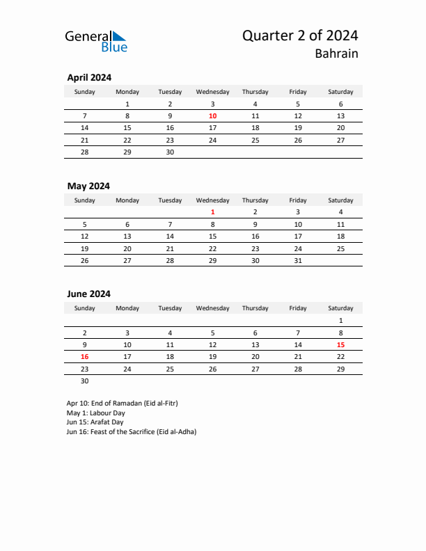 2024 Q2 Three-Month Calendar for Bahrain
