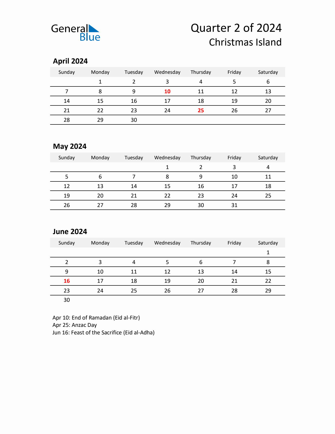 2024 Q2 Three-Month Calendar for Christmas Island