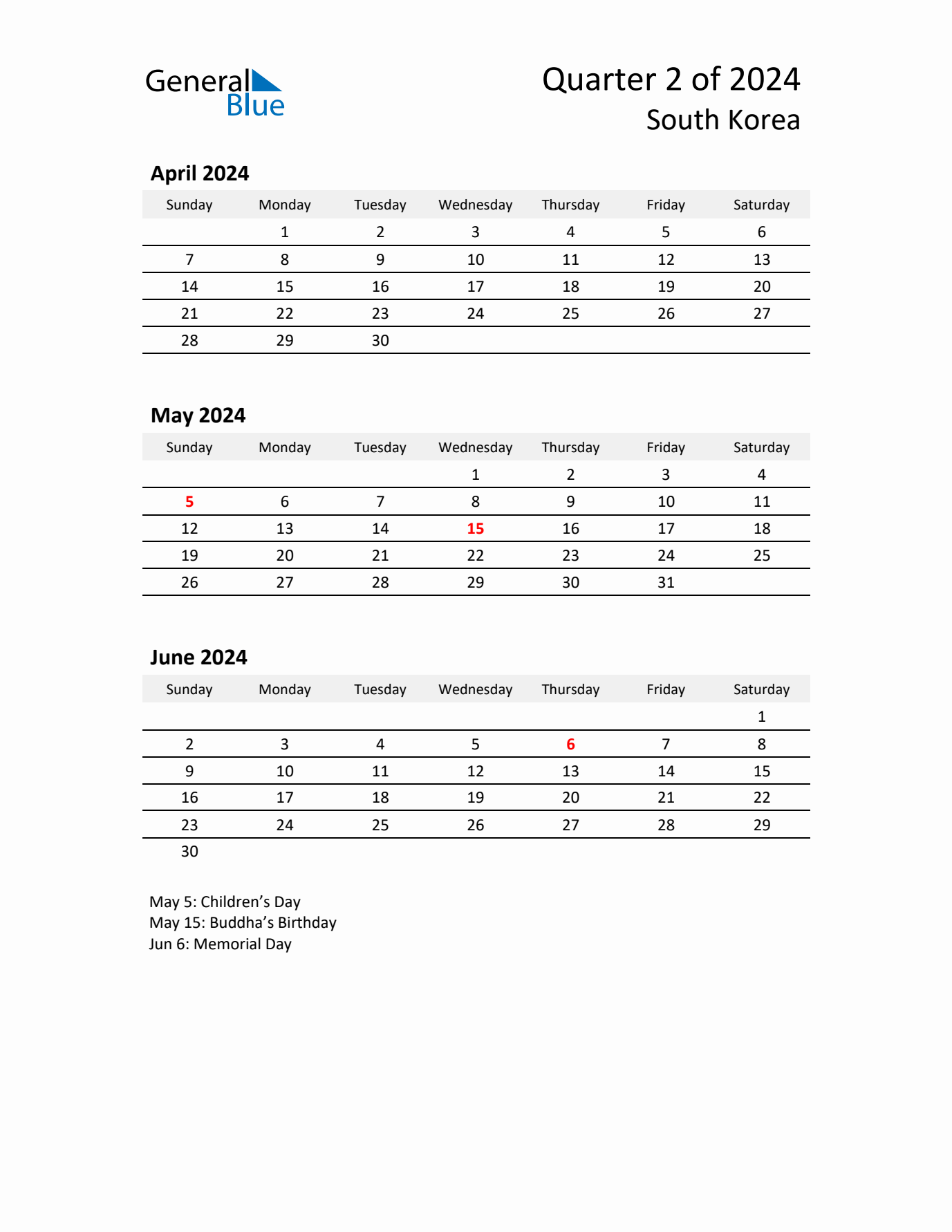 2024 Q2 Three-Month Calendar for South Korea
