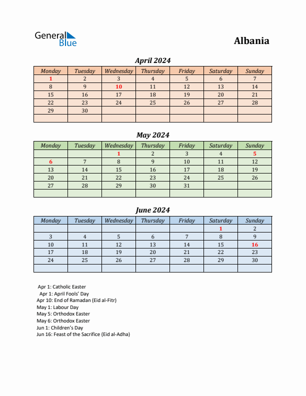 Q2 2024 Holiday Calendar - Albania