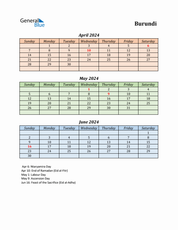 Q2 2024 Holiday Calendar - Burundi