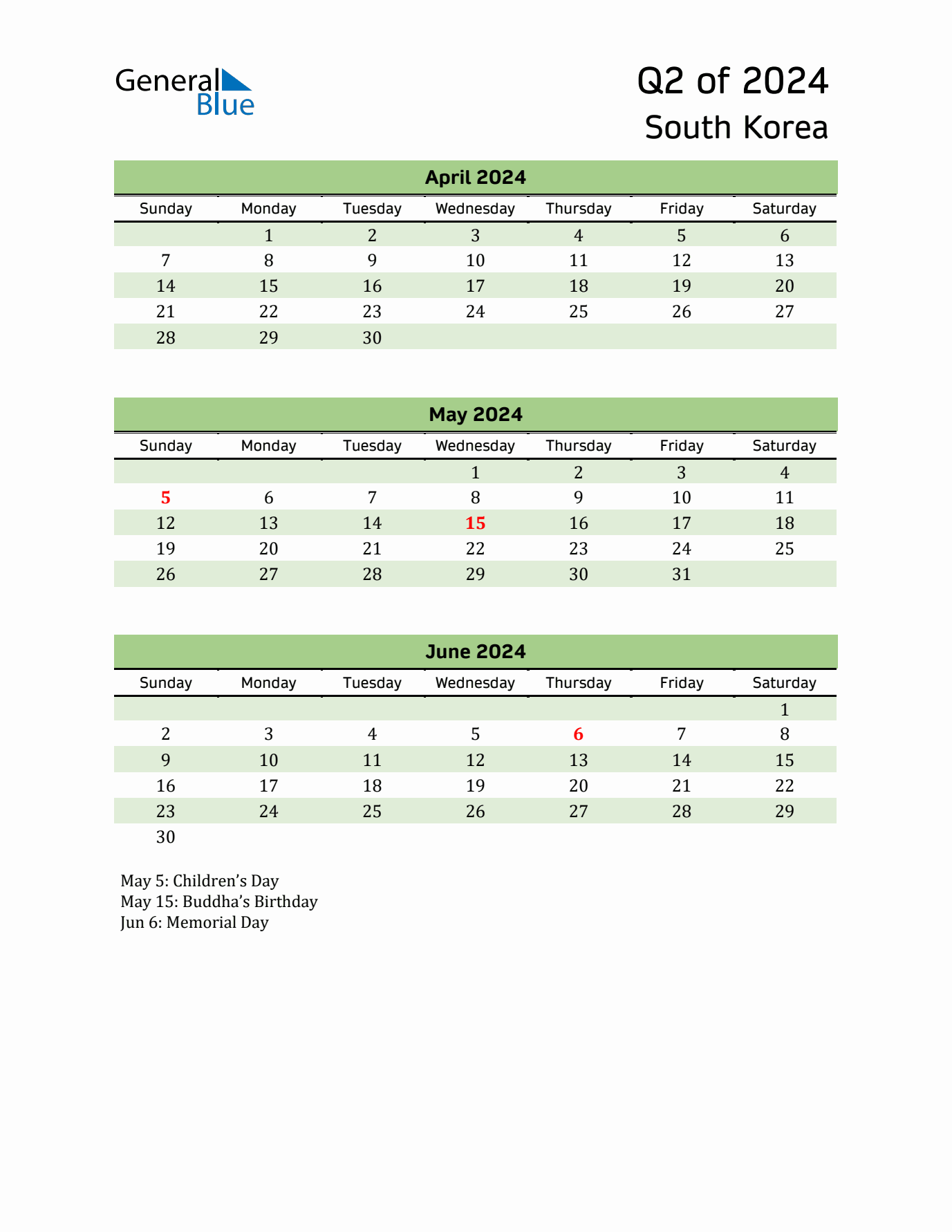 Quarterly Calendar 2024 with South Korea Holidays