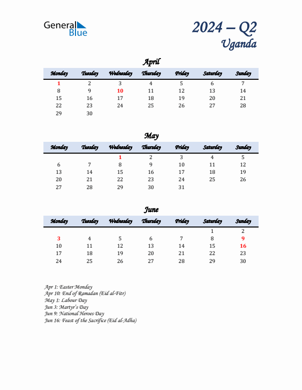 April, May, and June Calendar for Uganda with Monday Start