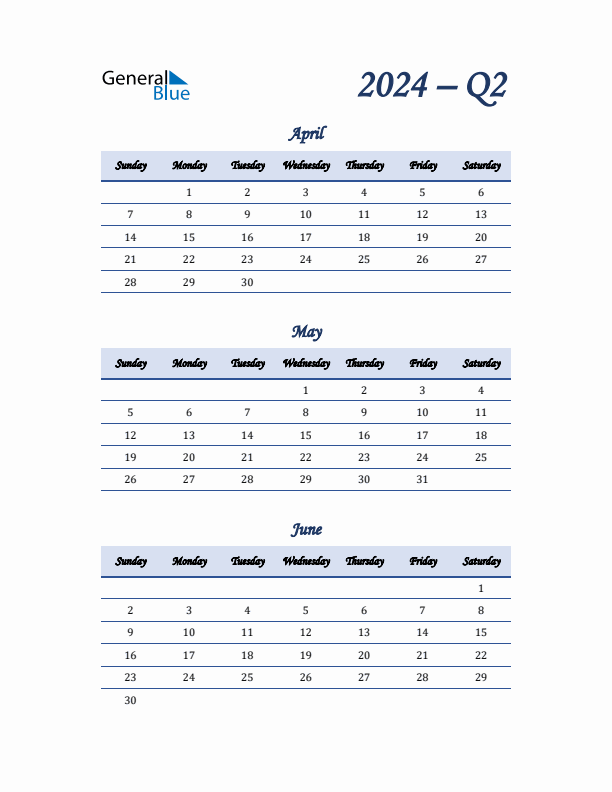 Sunday Start 2024 Quarterly Calendar