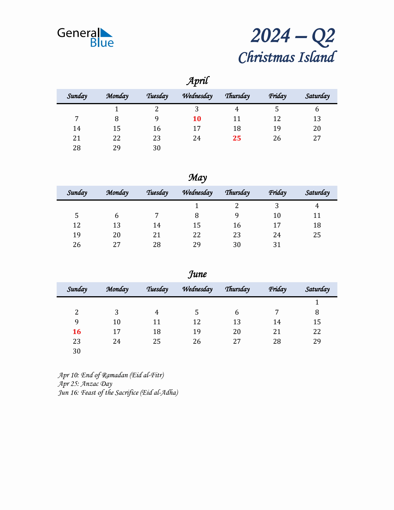 April, May, and June Calendar for Christmas Island with Sunday Start