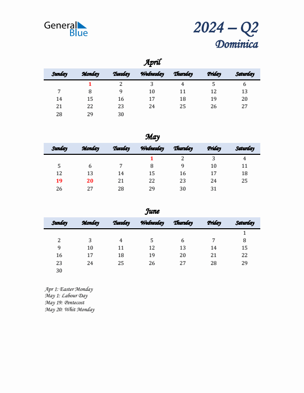 April, May, and June Calendar for Dominica with Sunday Start