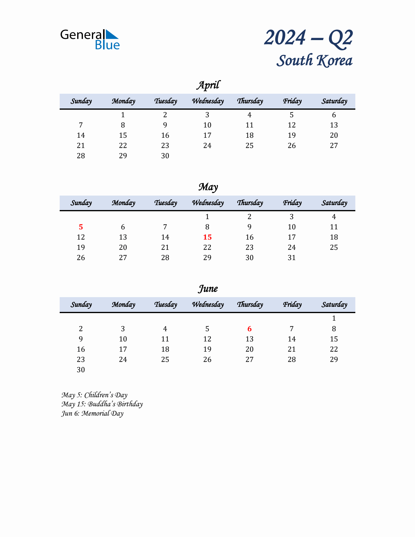 April, May, and June Calendar for South Korea with Sunday Start