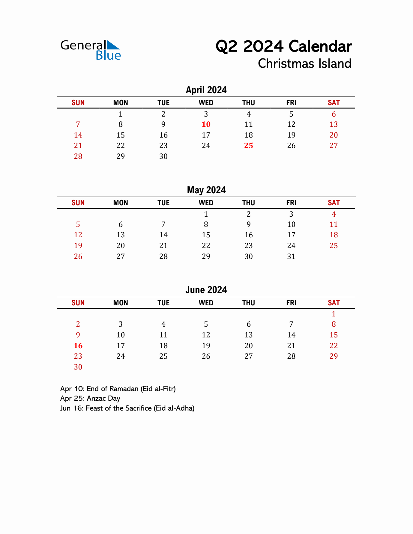 2024 Q2 Calendar with Holidays List for Christmas Island