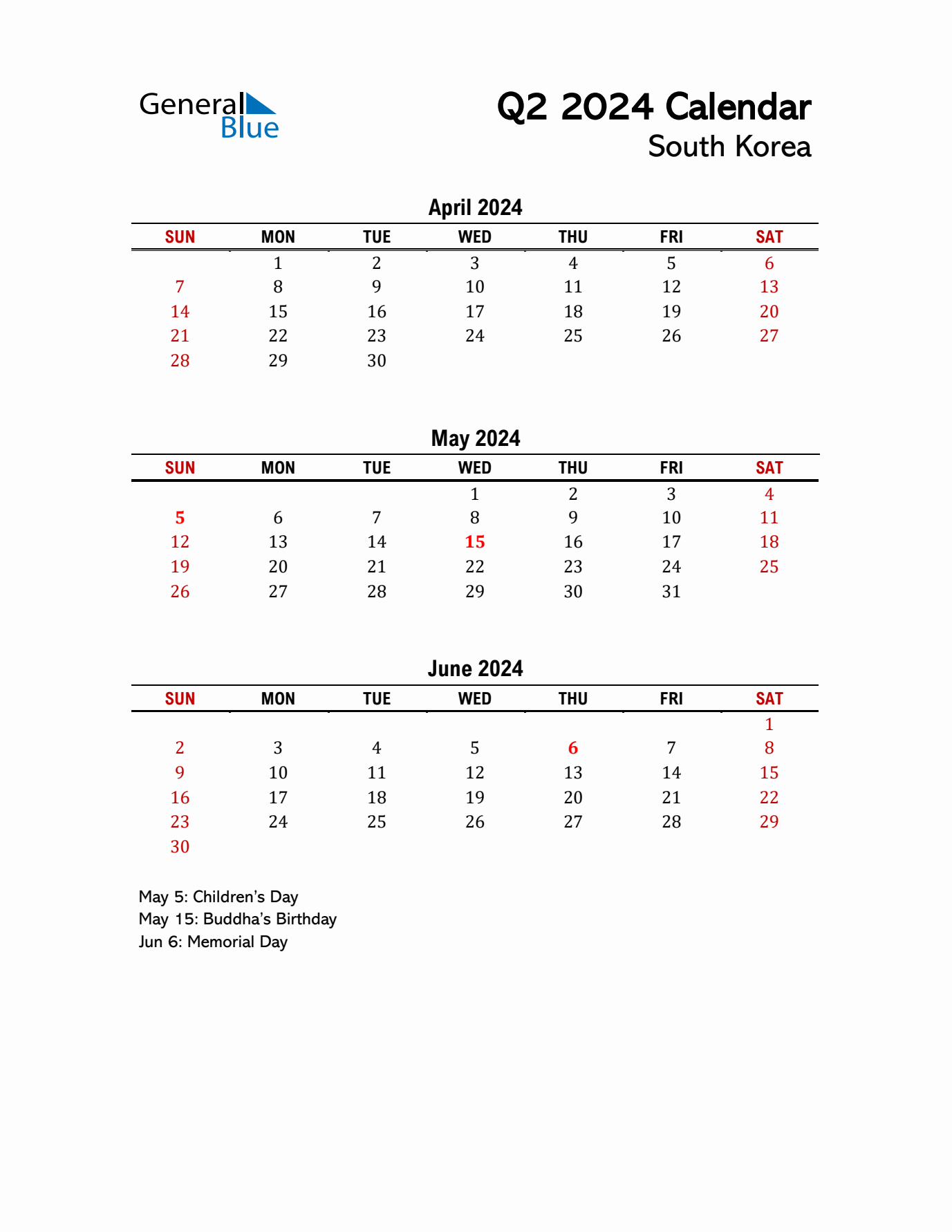 2024 Q2 Calendar with Holidays List for South Korea