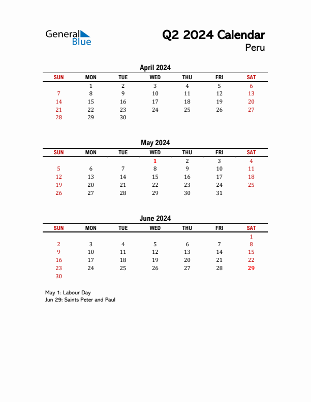 2024 Q2 Calendar with Holidays List for Peru