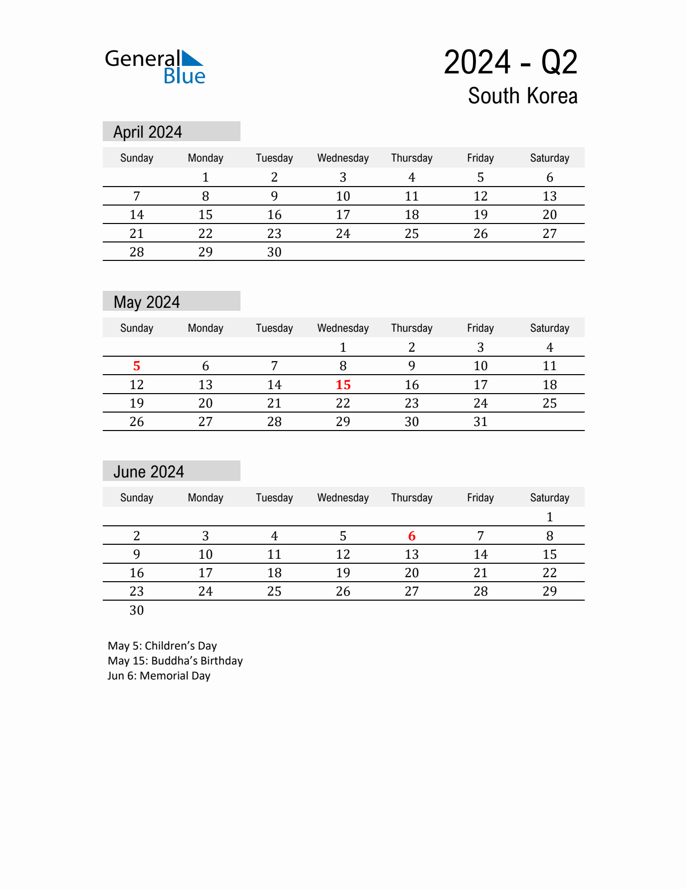 South Korea Quarter 2 2024 Calendar with Holidays
