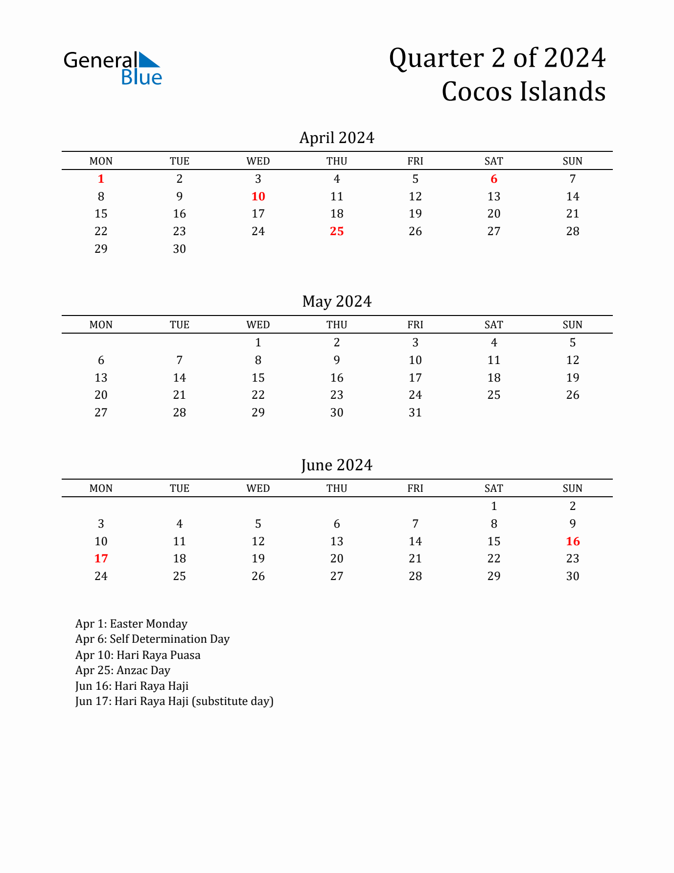 Quarter 2 2024 Cocos Islands Quarterly Calendar