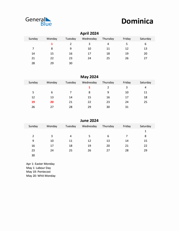 Printable Quarterly Calendar with Notes and Dominica Holidays- Q2 of 2024