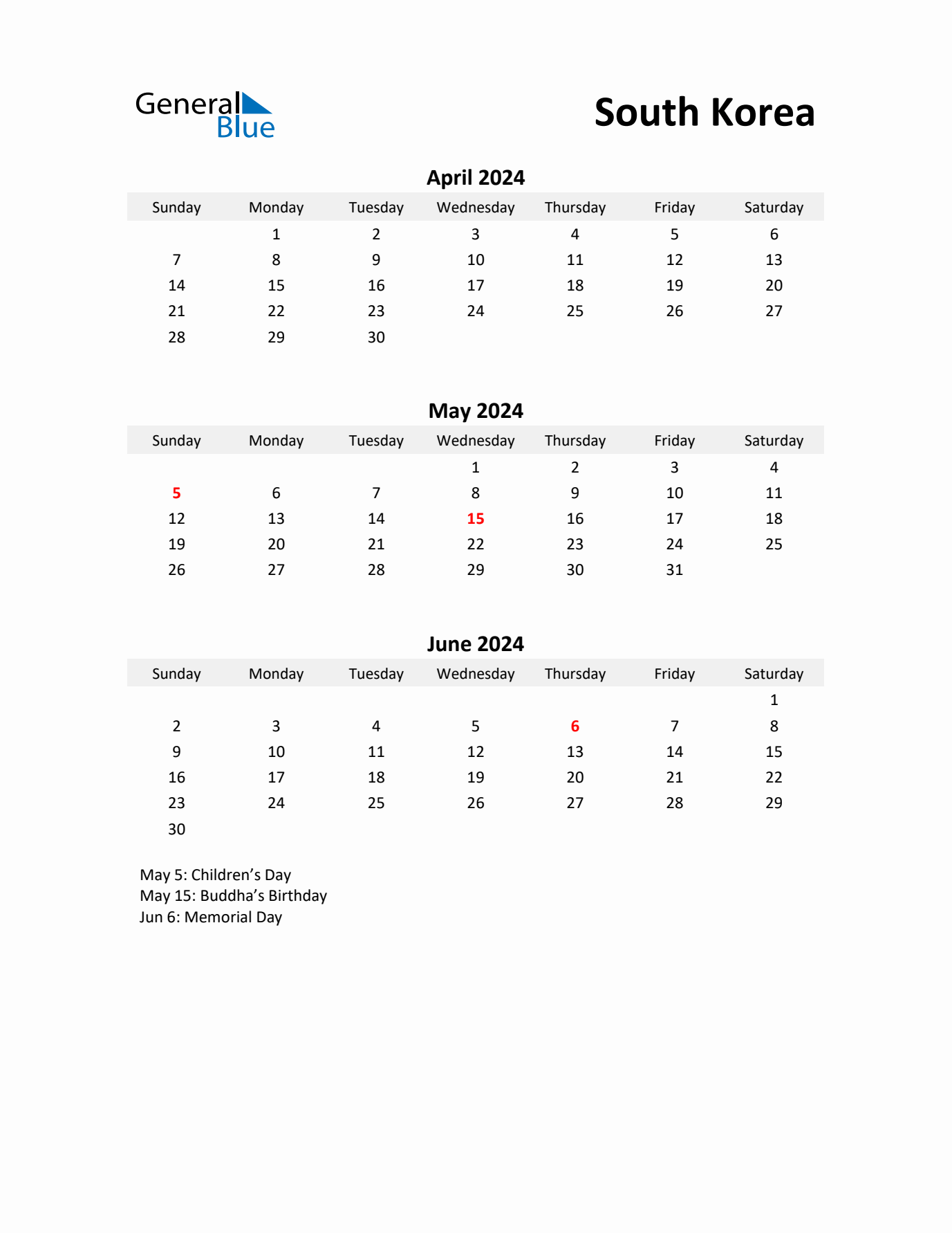 Printable Quarterly Calendar with Notes and South Korea Holidays- Q2 of 2024