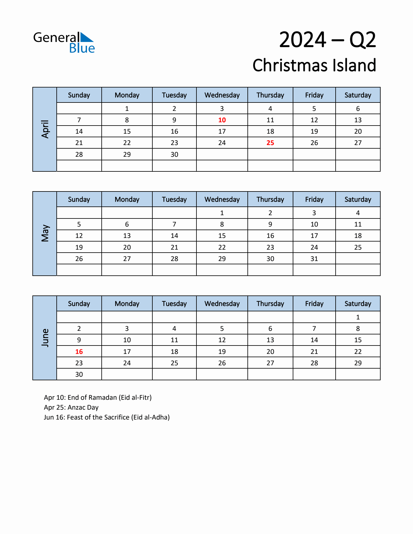 Free Q2 2024 Calendar for Christmas Island - Sunday Start