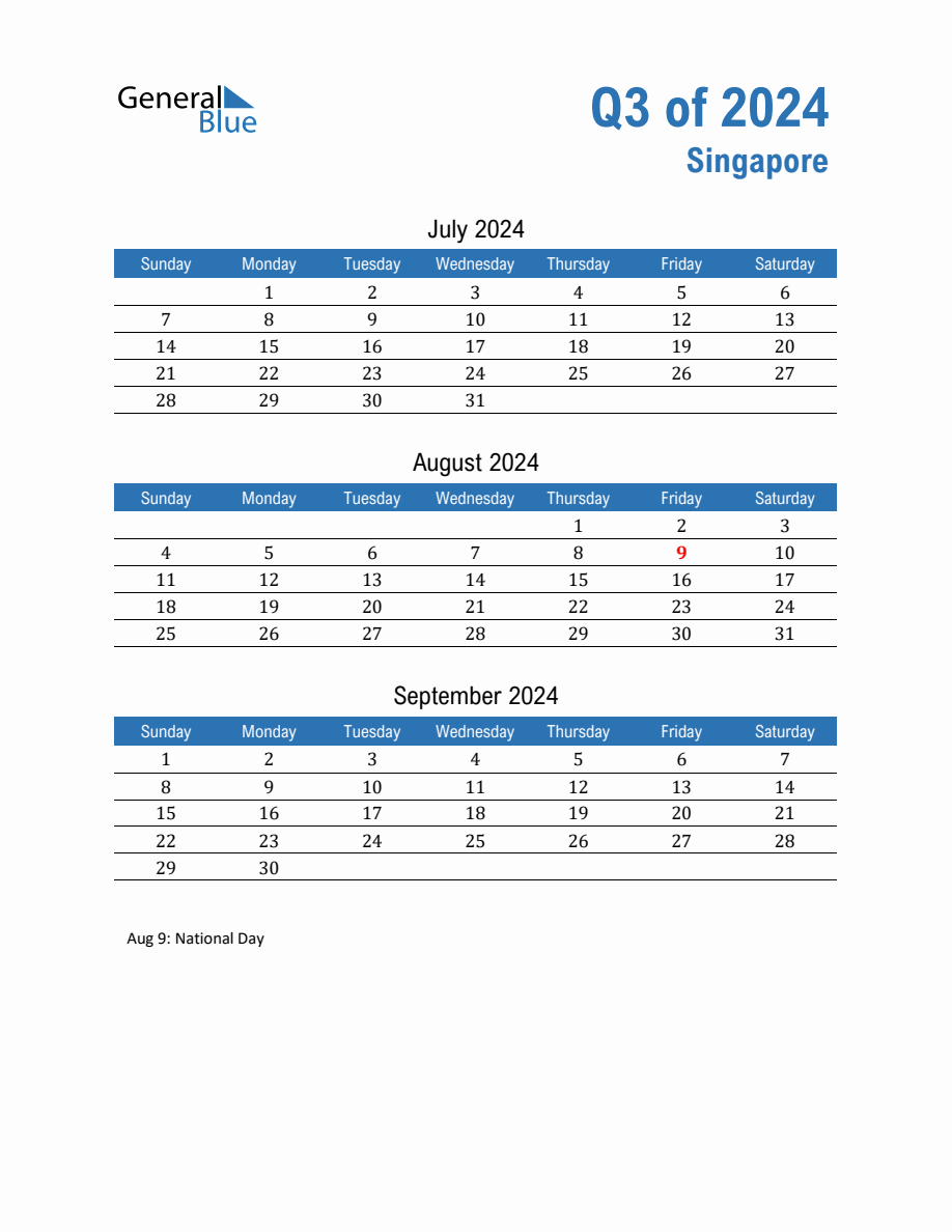 Singapore 2024 Quarterly Calendar with Sunday Start
