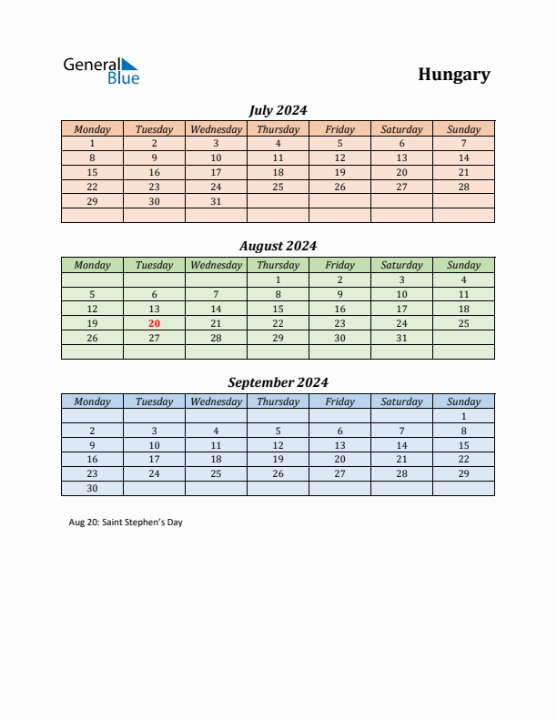 Q3 2024 Holiday Calendar - Hungary